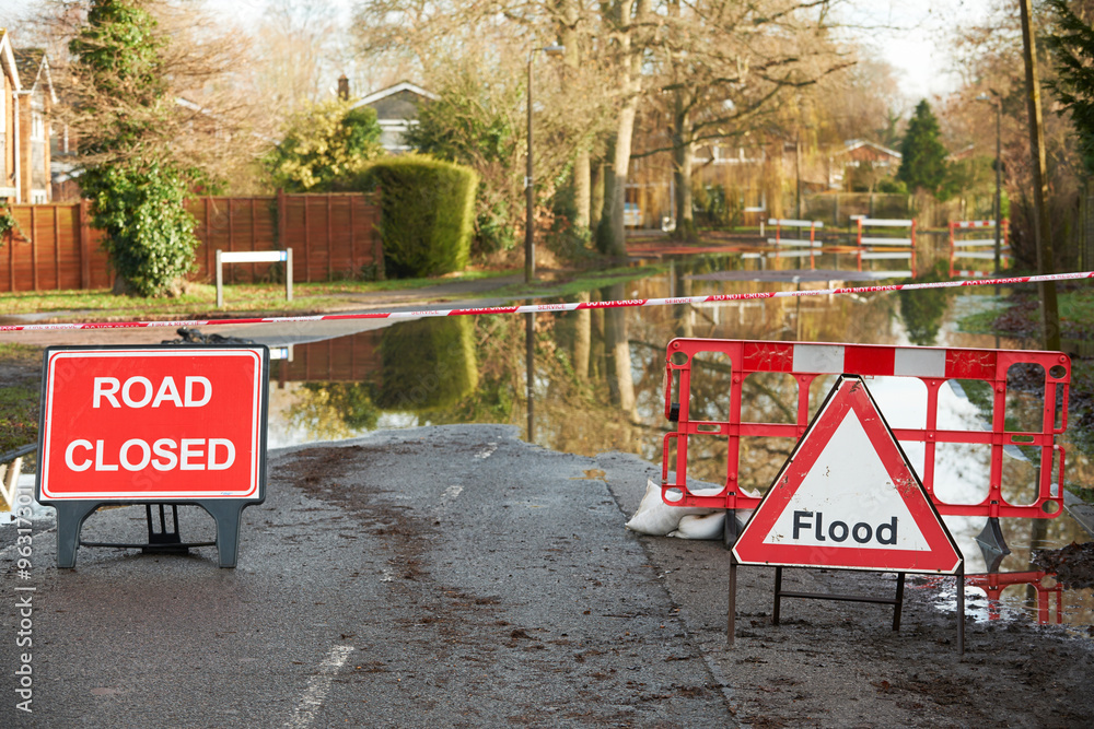 Wall mural warnings signs on flooded road