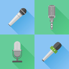 Set of modern and retro microphones. Flat style vector icons.