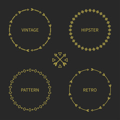 Set of gold hand drawn ethnic arrows frame. Doodles style. Tribal native aztec vector illustration. Isolated elements, border for text. Ink collection of symbols. Cards, invitations. Labels, badges