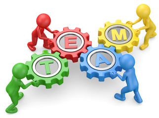 bunte 3d Männchen Team mit Zahnräder