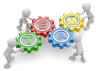 weisse 3d Männchen als Team mit Zahnräder