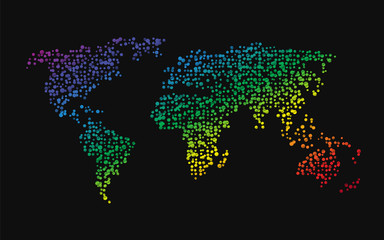 world map made ​​up of small dots rainbow colors