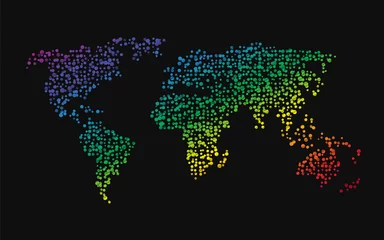 Weltkarte bestehend aus kleinen Punkten in Regenbogenfarben © mimacz