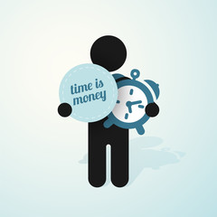 figure man holds alarm clock and sign time is money