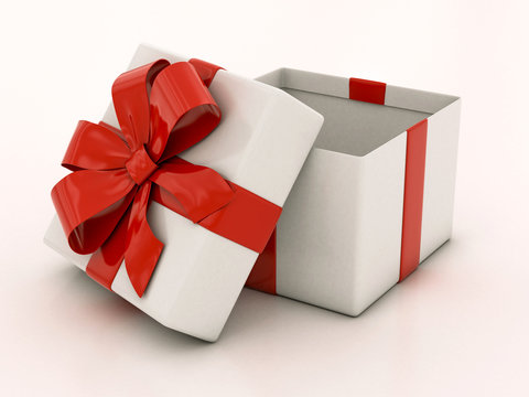 open white gift boxes with red ribbon