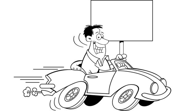 Black and white illustration of a man driving a car and holding a sign.