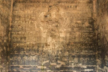 Printed kitchen splashbacks Monument Vishnu statues carved reliefs on the walls of sandstone, angkor