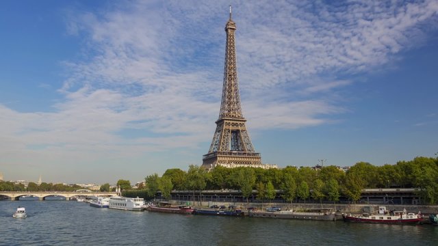 Tour boat on the Seine River with Eiffel Tower in Background, HD movie (1920X1080, 25 fps)
