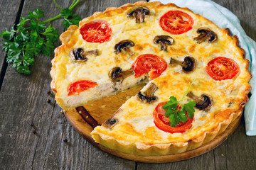 Pie with chicken, mushrooms and egg filling