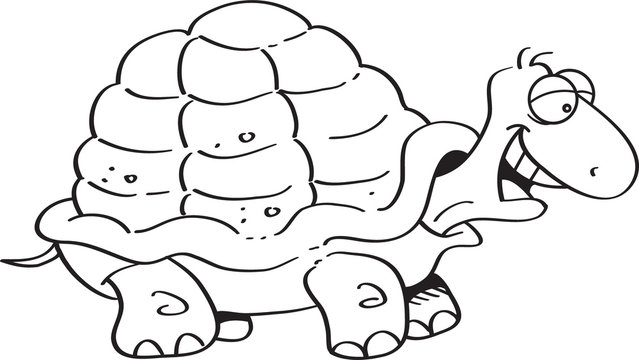 Black and white illustration of a happy turtle.