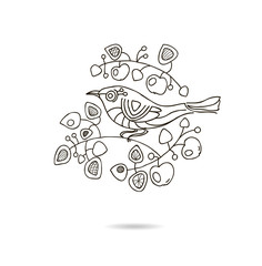 Spring floral vector vintage card with a branch of blossoming apple trees and a bird.