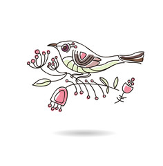 Romantic picture of a bird sitting on a blooming branch.