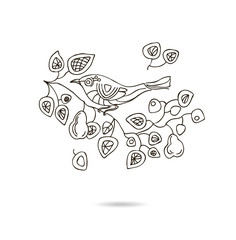 Spring floral vector vintage card with a branch of blossoming pear trees and a bird.