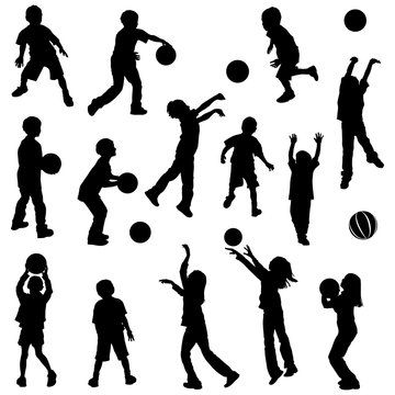 various kids in silhouettes playing basketball