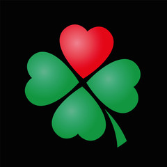 Cloverleaf - four leaved with one red heart. Illustration on black background.