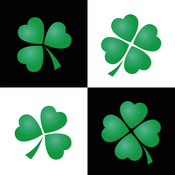 Shamrock pattern, three and four leaved clovers on black and white square background. Vector illustration.