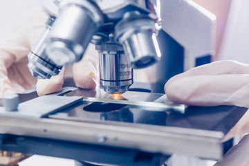 Scientist hands with microscope