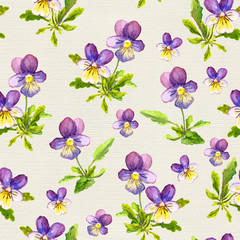 Hand painted seamless pattern with violet flowers on paper background 
