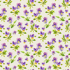 Seamless template with small violet viola flowers on paper texture 