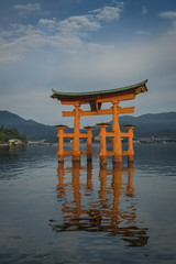 Early morning at the famous floating torii gate of the Itsukushi