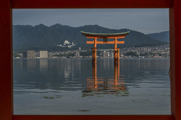 Early morning at the famous floating torii gate of the Itsukushi