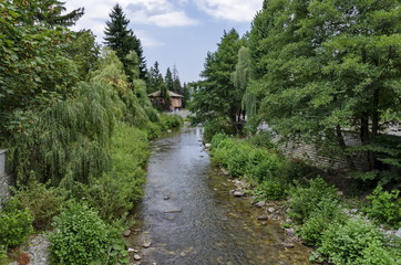 Fototapeta na wymiar View toward river, rest-house and highly varied plant, Chepinska reka, Velingrad, Pazardzhik province, Bulgaria 