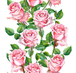 Watercolor pink rose flowers repeated border frame 