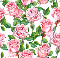 Watercolor pink rose flowers repeated pattern