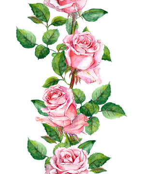 Watercolor pink rose flowers repeated border frame 