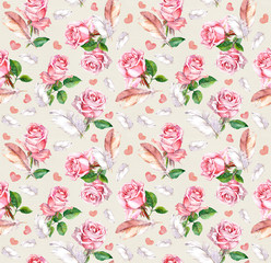 Rose flowers, feathers and hearts. Repeating floral pattern. Watercolor 