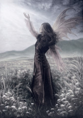painting fairy woman in a historic dress standing in rays of sunlight amids a wild meadow Color effect.