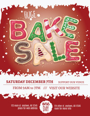 Christmas bake sale flyer template with hand drawn cookie letters on a red background - 96329913