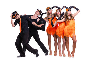 Cabaret dancer team dancing.  Isolated on white background in full length