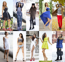 Collage of ten different models in fashionable clothes for the s