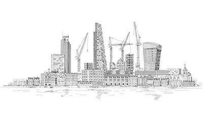 Modern London view from the River Thames, very detailed Illustration with lots of cranes and building construction sites