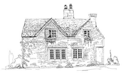Old english stone cottage, sketch collection