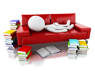 3d white people reading a book on white background.