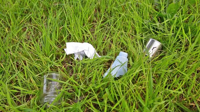 Pollution.Garbage abandoned in a meadow of grass