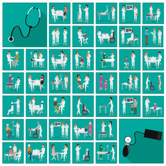 Medical Staff And Patients Different Situations - Isolated On Blue 