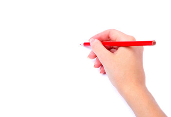 red pencil in hand  isolated white background