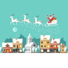 Obraz premium Santa Claus on sleigh and his reindeers. Winter town. Urban winter landscape. Christmas card. Vector illustration, flat style.
