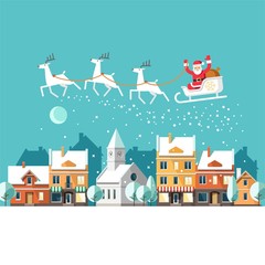 Santa Claus on sleigh and his reindeers. Winter town. Urban winter landscape. Christmas card. Vector illustration, flat style.
