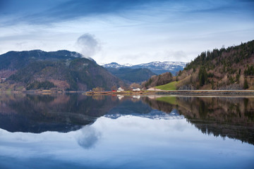 Rural Norwegian landscape with still lake water