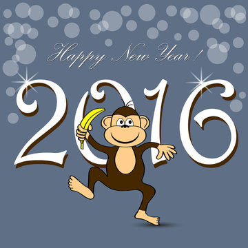 Happy New Year on a gray blue background with dancing monkey