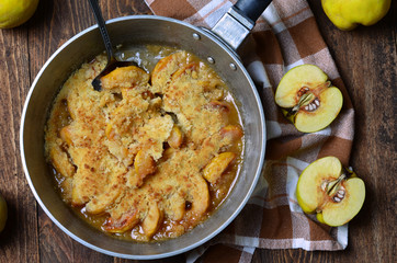 Quince Crumble Pie in a vintage pan