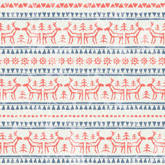 Hand drawn tribal seamless pattern with reindeers