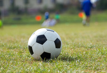 Fototapeta na wymiar Soccer ball on the grass and coach children