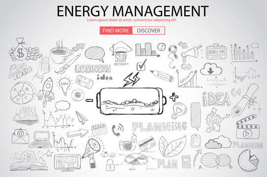 Energy management with Doodle design style :power savings, optimization process, creative thinking. Modern style illustration for web banners, brochure and flyers.