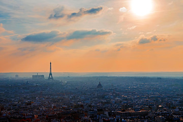 Panoramic aerial view at one sunset in Paris