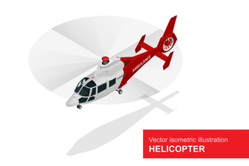 Red helicopter. Vector isometric illustration of Medical evacuation helicopter. Air medical service. - obrazy, fototapety, plakaty